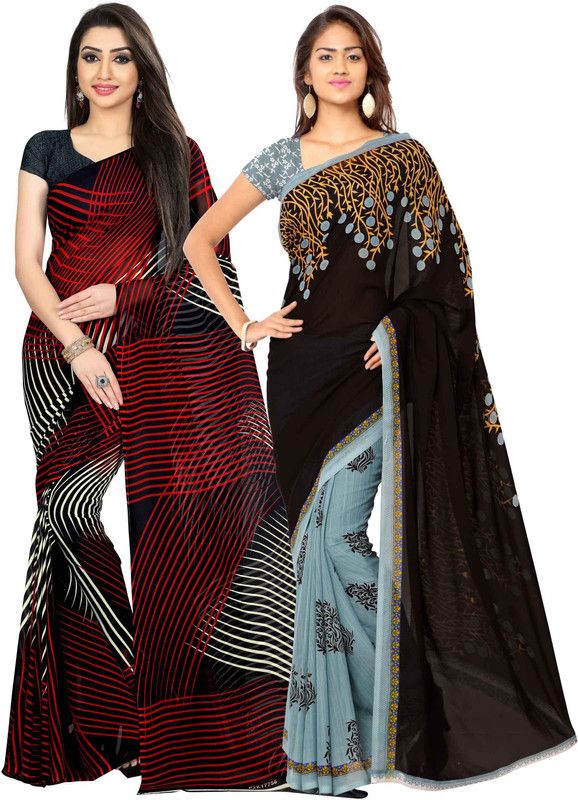 Printed, Striped Daily Wear Georgette Saree  (Pack of 2, Red, Black)