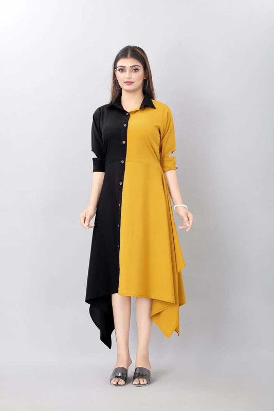 Women Colorblock Cotton Blend A-line Kurta  (Black)