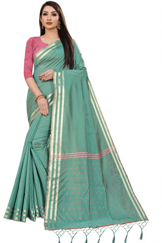 Self Design, Embroidered, Woven Assam Silk Silk Blend, Pure Cotton Saree  (Light Green)