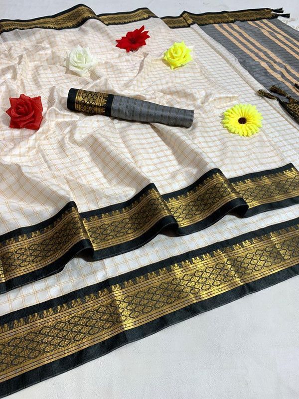 Checkered Fashion Cotton Silk Saree  (White)