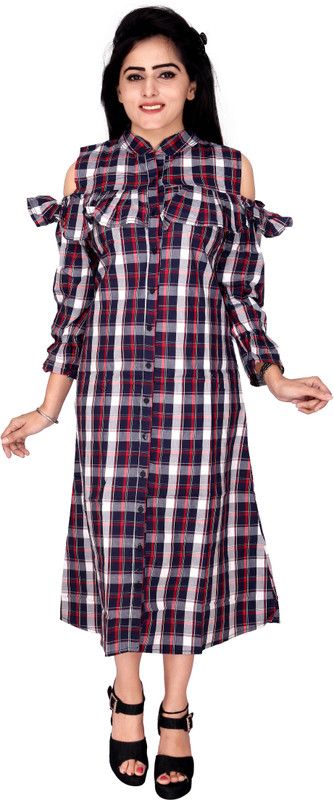 Casual Cold Shoulder Sleeves Checkered Women Dark Blue, Red, White Top