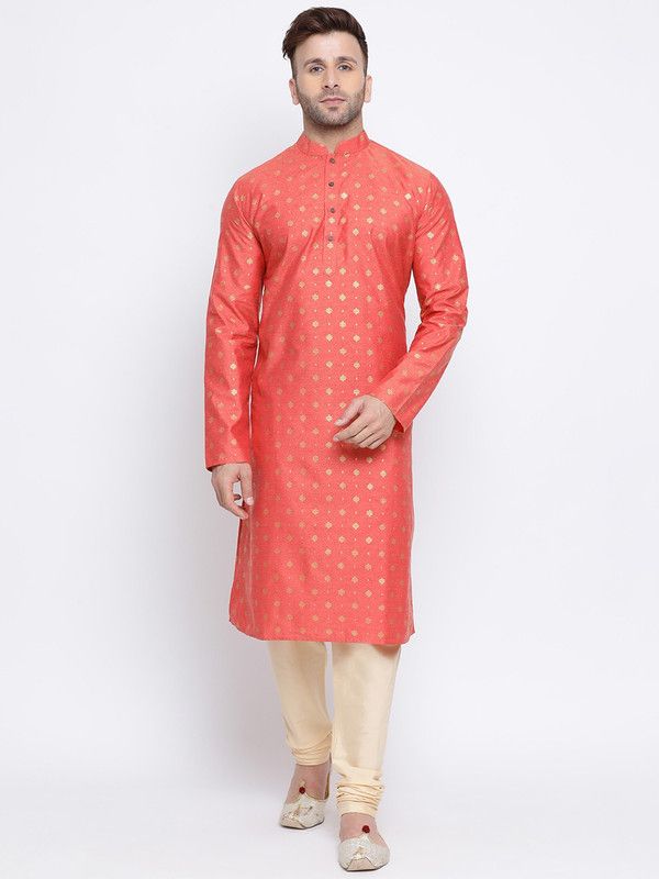 Men Printed Jacquard Ethnic Dress  (Orange)