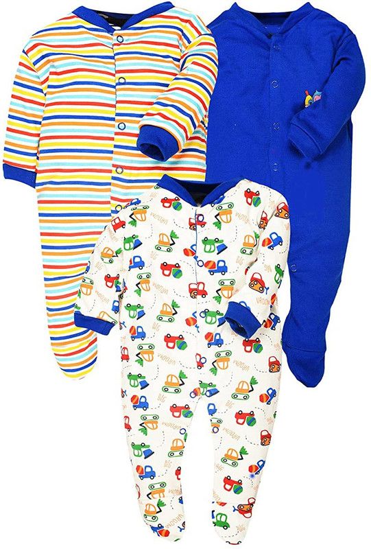 Romper For Baby Boys & Baby Girls Striped, Printed, Solid Cotton Blend  (Blue, Pack of 3)