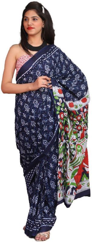 Printed Bollywood Pure Cotton Saree  (Dark Blue)