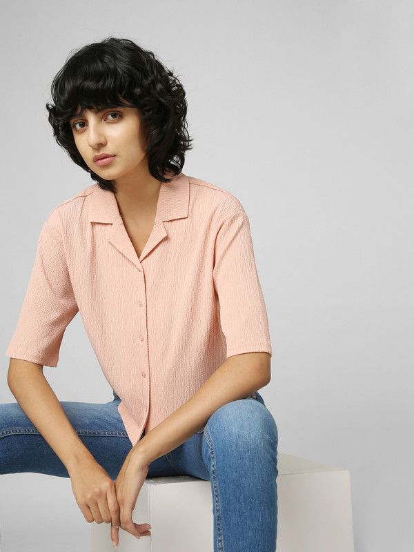 Women Boxy Fit Self Design Lapel Collar Casual Shirt