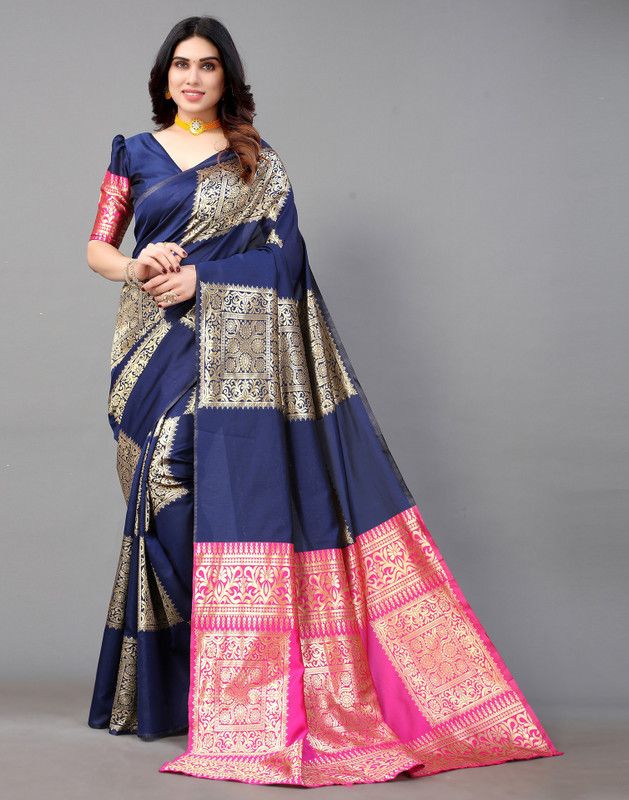 Self Design, Woven, Embellished Bollywood Jacquard, Cotton Silk Saree  (Dark Blue, Gold, Pink)