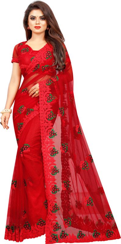 Embroidered Kota Doria Net Saree  (Red)
