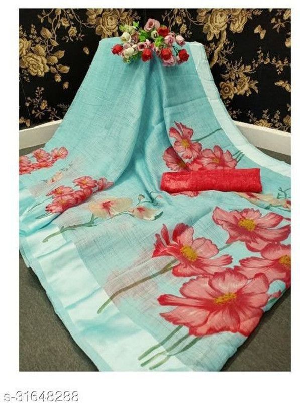 Fashion Linen Saree  (Blue)