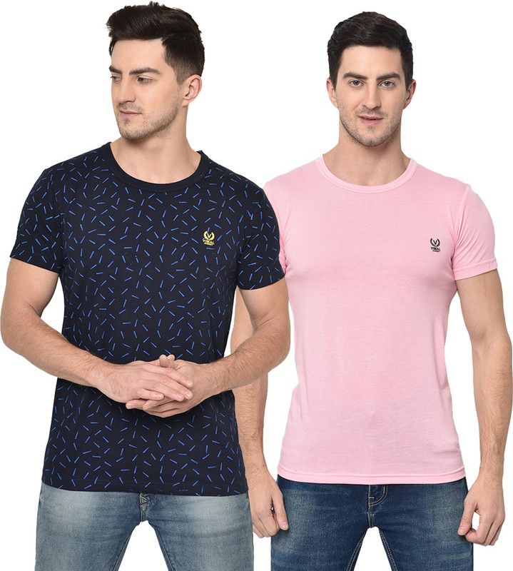 Printed Men Dark Blue, Pink T-Shirt  (Pack of 2)
