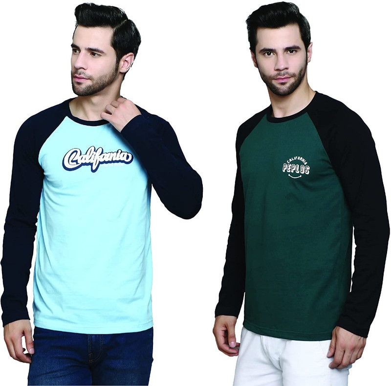 Pack of 2 Men Typography Round Neck Cotton Blend Light Blue, Dark Green T-Shirt