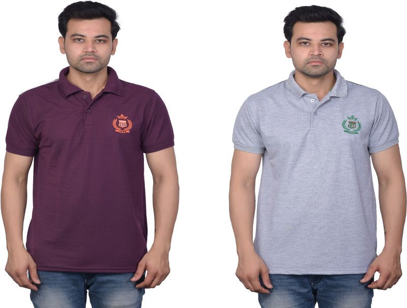 Solid Men Purple, Silver T-Shirt  (Pack of 2)