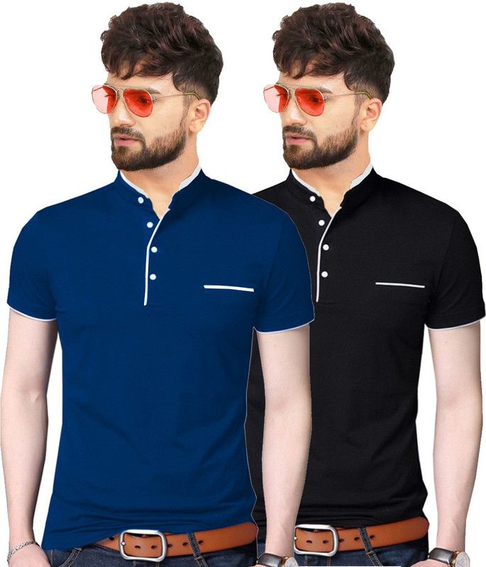 Pack of 2 Men Solid Henley Neck Pure Cotton Blue, Black T-Shirt