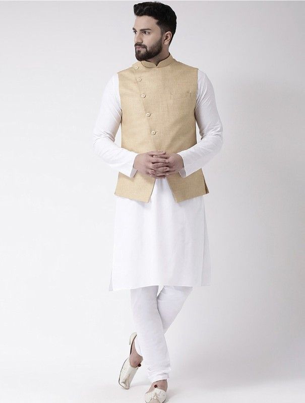 Men Cotton Silk Ethnic Jacket, Kurta and Churidar Set