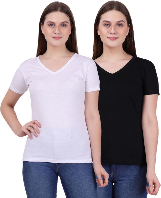 Solid Women White, Black T-Shirt  (Pack of 2)