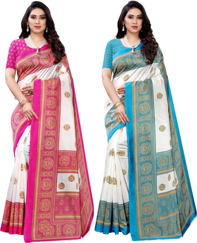 Printed, Geometric Print Banarasi Silk Blend Saree  (Pack of 2, Blue, Pink)