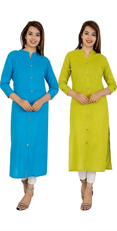 Women Kurta  (Blue, Light Green)