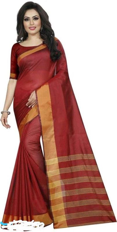 Striped Daily Wear Cotton Silk Saree  (Black)