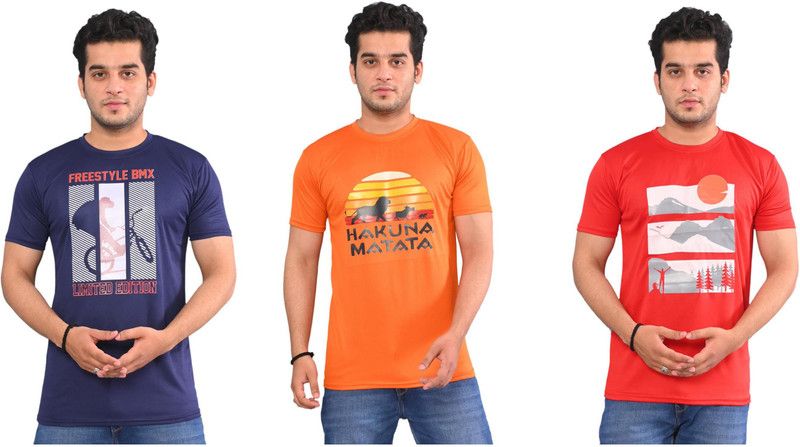 Pack of 3 Men Typography Round Neck Cotton Blend Purple, Dark Blue, Yellow, Navy Blue T-Shirt