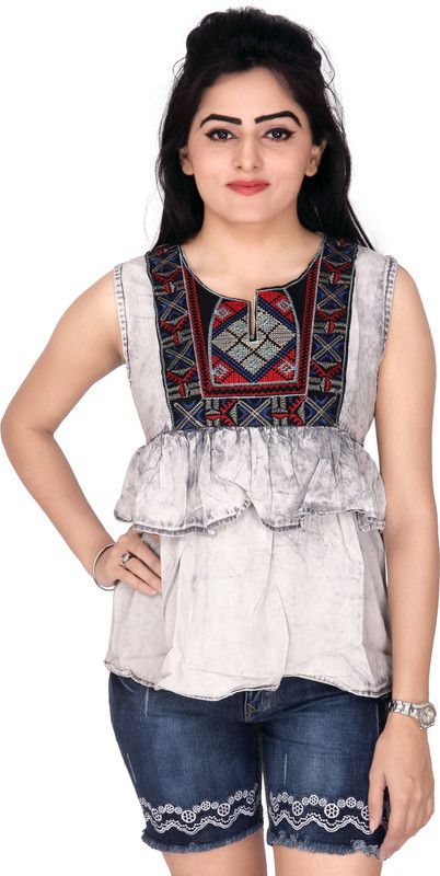 Casual Sleeveless Washed Women White Top
