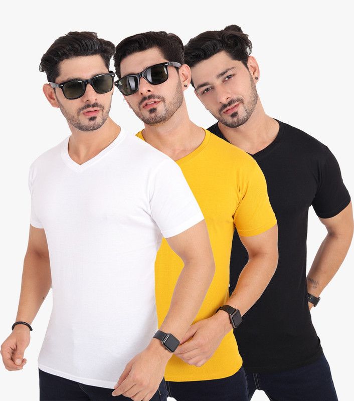Pack of 3 PO3-MHS-VNECK Men Solid Round Neck Pure Cotton White, Black, Yellow T-Shirt
