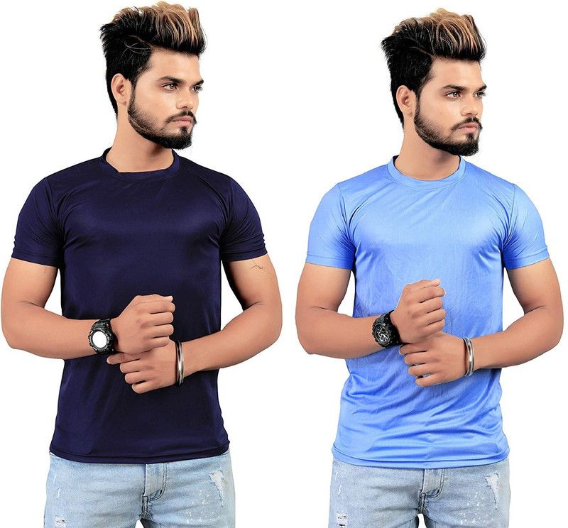 Pack of 2 Men Solid Round Neck Elastane Blue T-Shirt