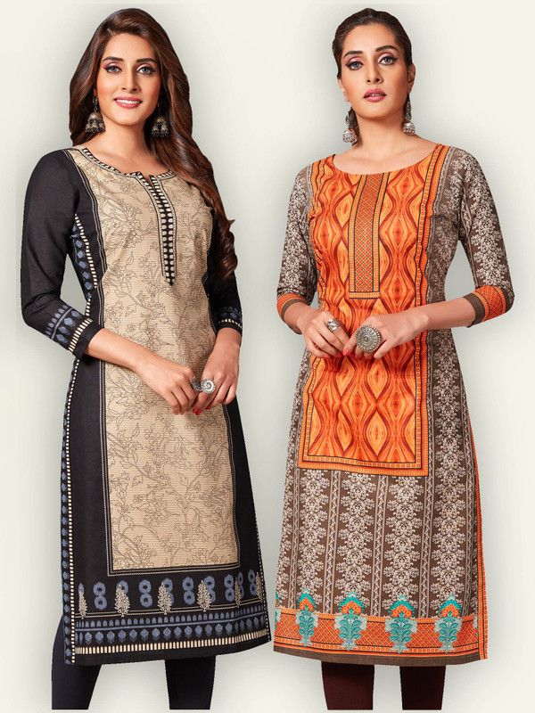 Pack of 2 Women Printed Pure Cotton Straight Kurta  (Brown, Black)
