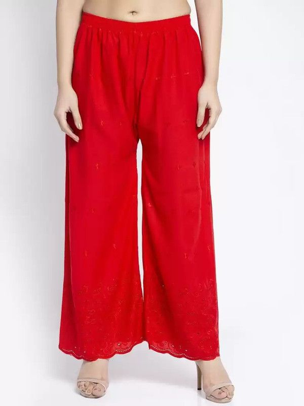 Women Regular Fit, Relaxed Red Viscose Rayon Trousers