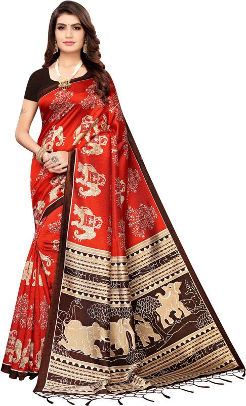 Animal Print Bollywood Silk Blend Saree  (Red)