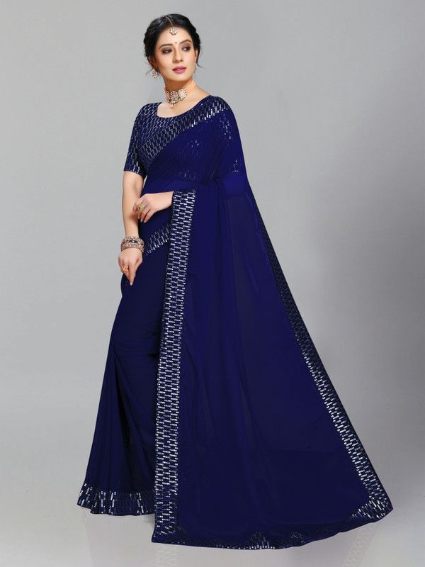 Embroidered Kasavu Georgette Saree  (Dark Blue)