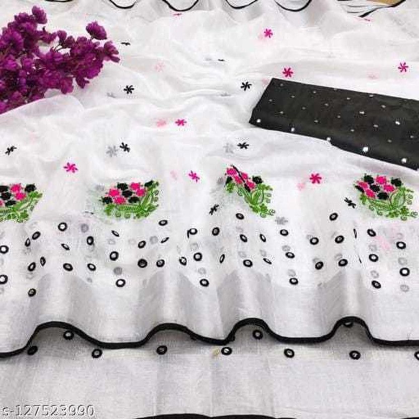 Self Design Bollywood Linen Saree  (White, Black)