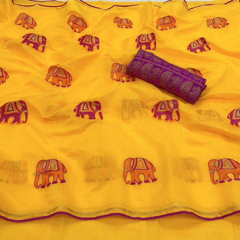 Printed Chanderi Chanderi Saree  (Yellow)