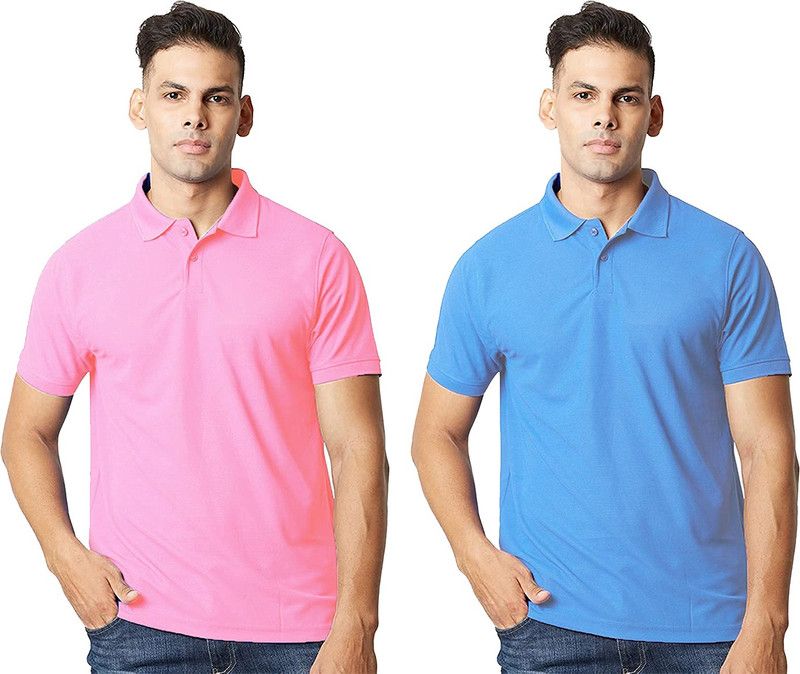 Solid Men Pink, Blue T-Shirt  (Pack of 2)
