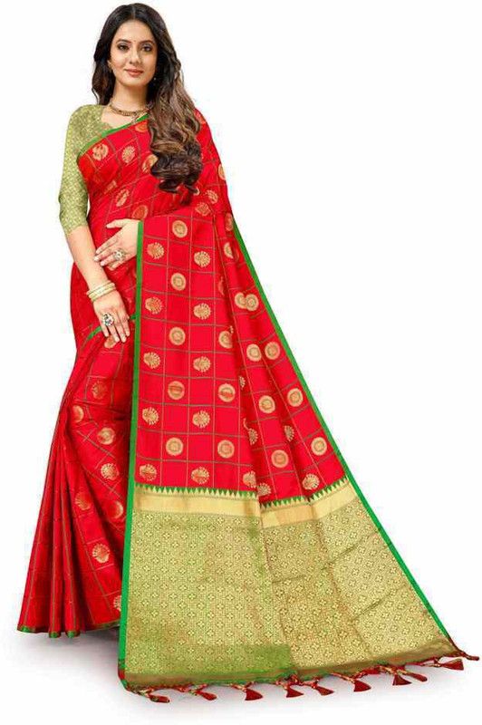 Self Design Chettinadu Jacquard Saree  (Red, Gold)
