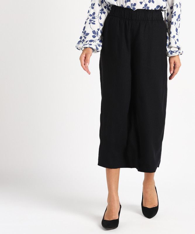 Women Flared Black Linen Blend Trousers