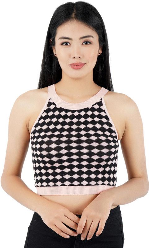Casual Sleeveless Printed Women Pink, Black Top