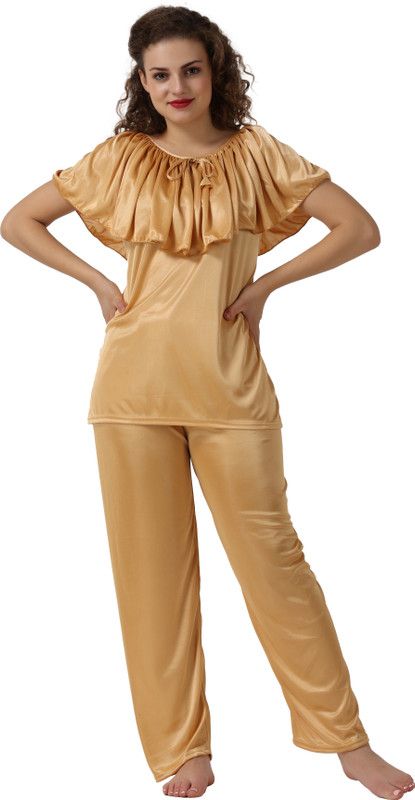 Women Top & Pyjama Set Gold Solid