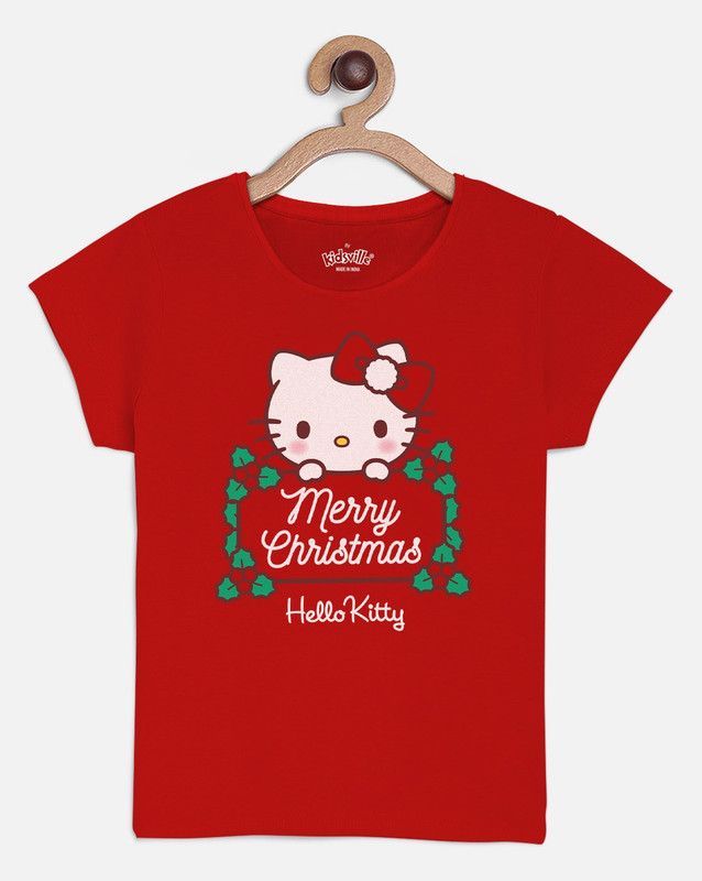 HELLO KITTY Girls Graphic Print Pure Cotton T Shirt  (Red, Pack of 1)