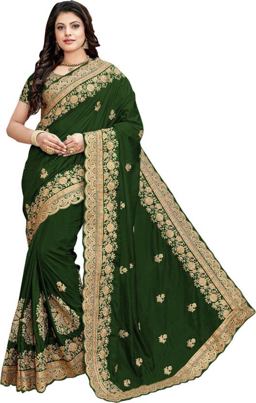 Embroidered, Self Design, Embellished Bollywood Pure Silk Saree  (Dark Green)