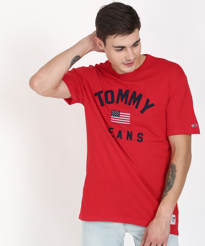 TJM USA FLAG TEE Men Embroidered Round Neck Pure Cotton Red T-Shirt
