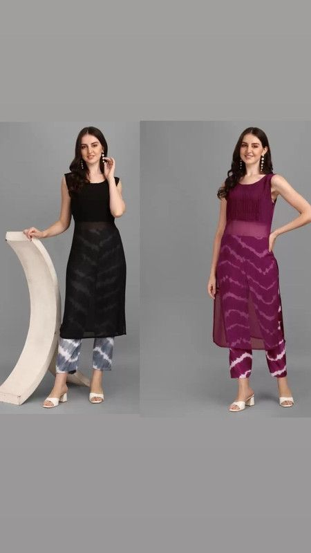 Pack of 2 Women Solid Georgette A-line Kurta  (Purple, Black)