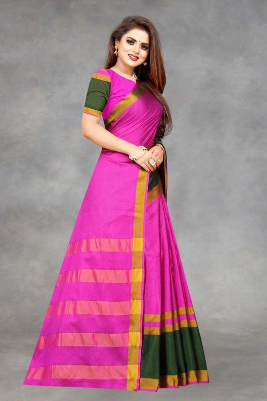 Striped Chanderi Chanderi Saree  (Pink)
