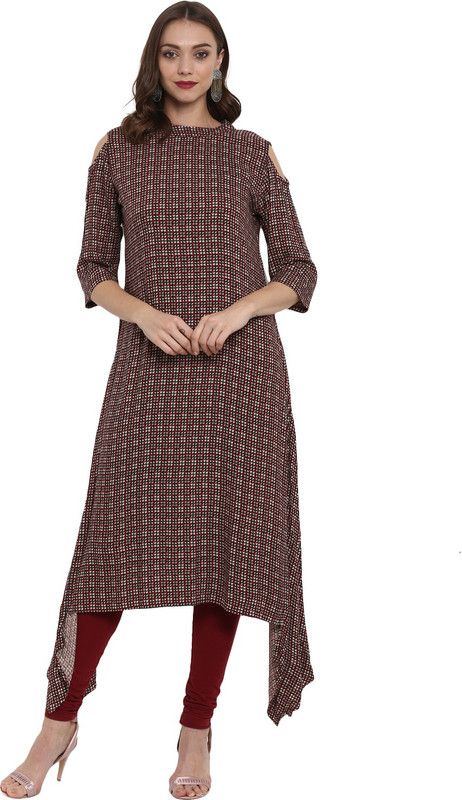 Women Checkered Cotton Rayon Asymmetric Kurta  (Maroon)