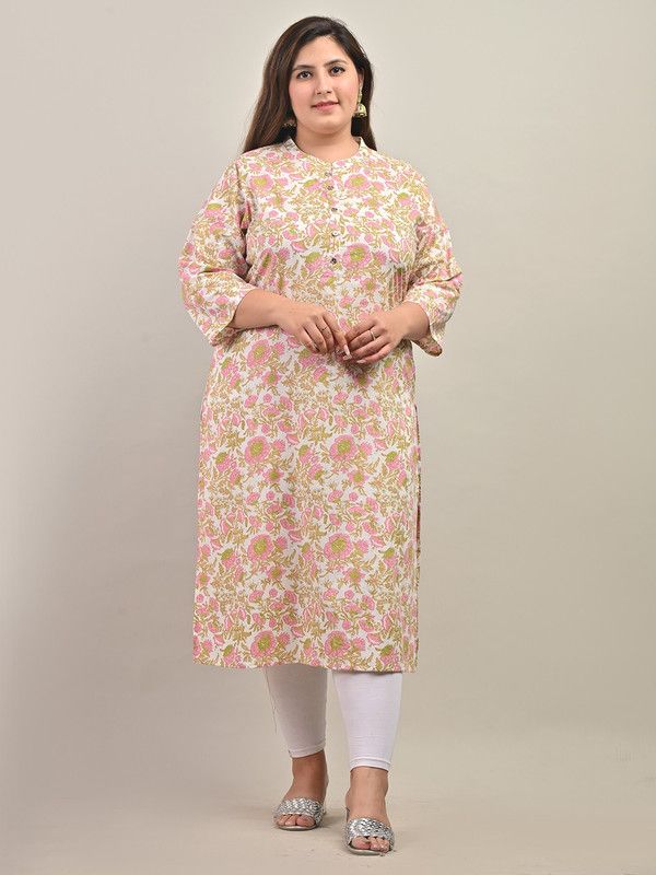Women Printed Pure Cotton Straight Kurta  (White, Green, Pink)