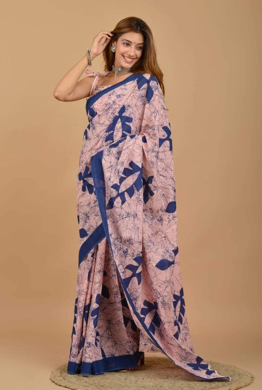Printed Ikkat Pure Cotton Saree  (Brown, Blue)