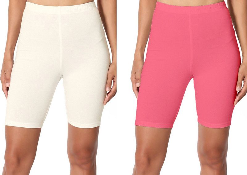 Pack of 2 Solid Women White, Pink Running Shorts