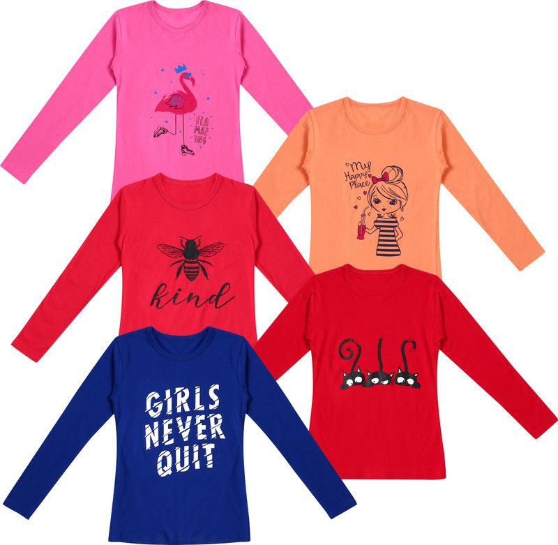 Girls Typography Pure Cotton T Shirt  (Multicolor, Pack of 5)