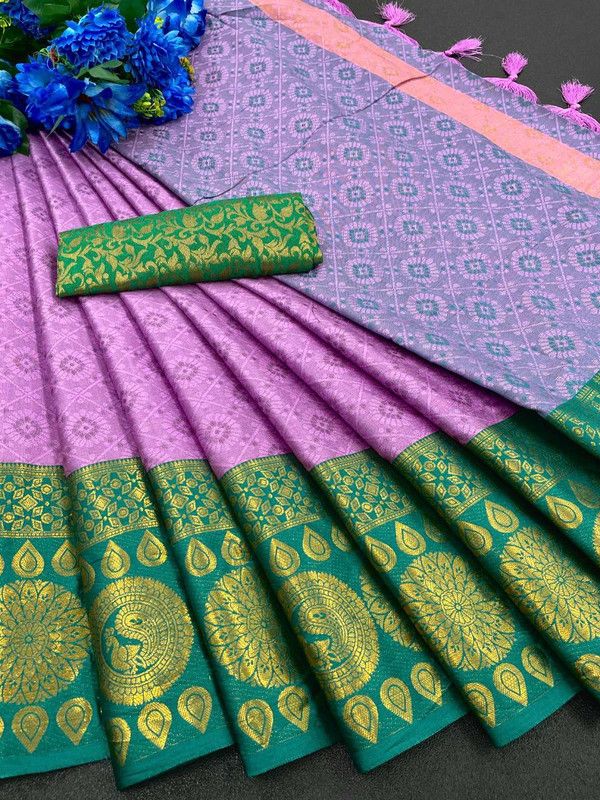 Printed, Temple Border, Woven, Embellished, Solid/Plain Banarasi Art Silk, Cotton Silk Saree  (Pink, Light Blue)