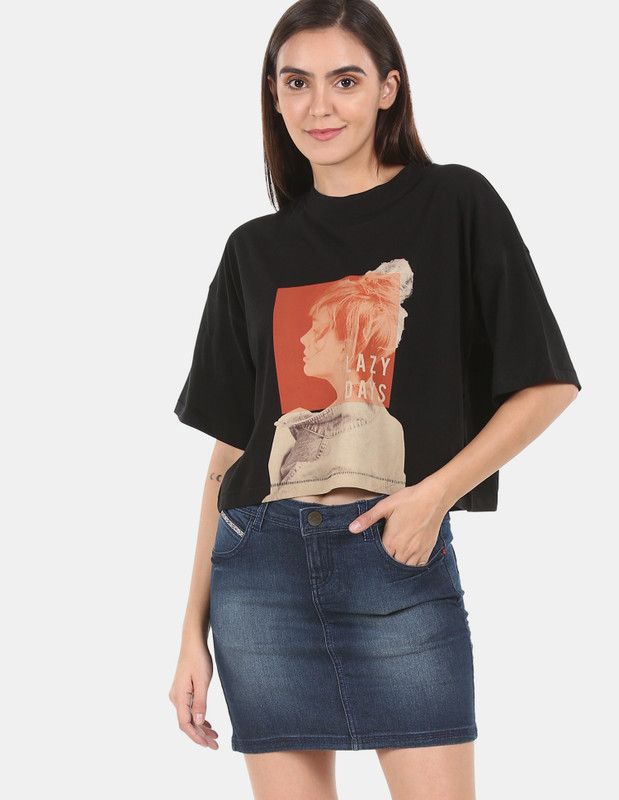 Women Printed Round Neck Cotton Blend Black T-Shirt