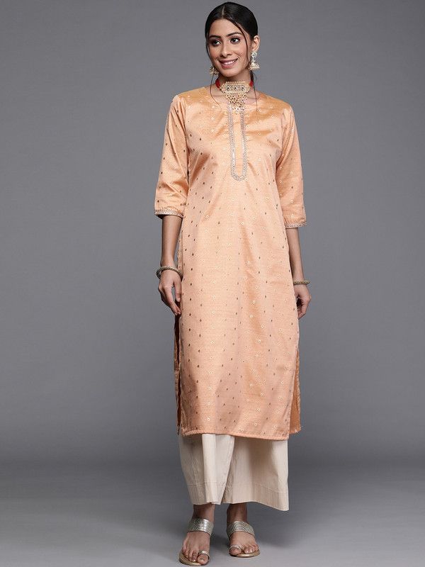 Women Embellished Silk Blend Straight Kurta  (Beige)