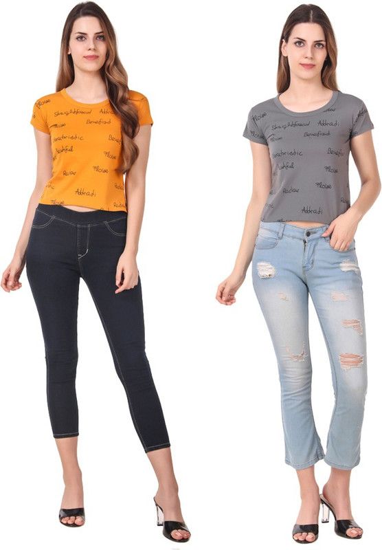 Pack of 2 Women Printed Round Neck Cotton Blend Grey, Yellow T-Shirt